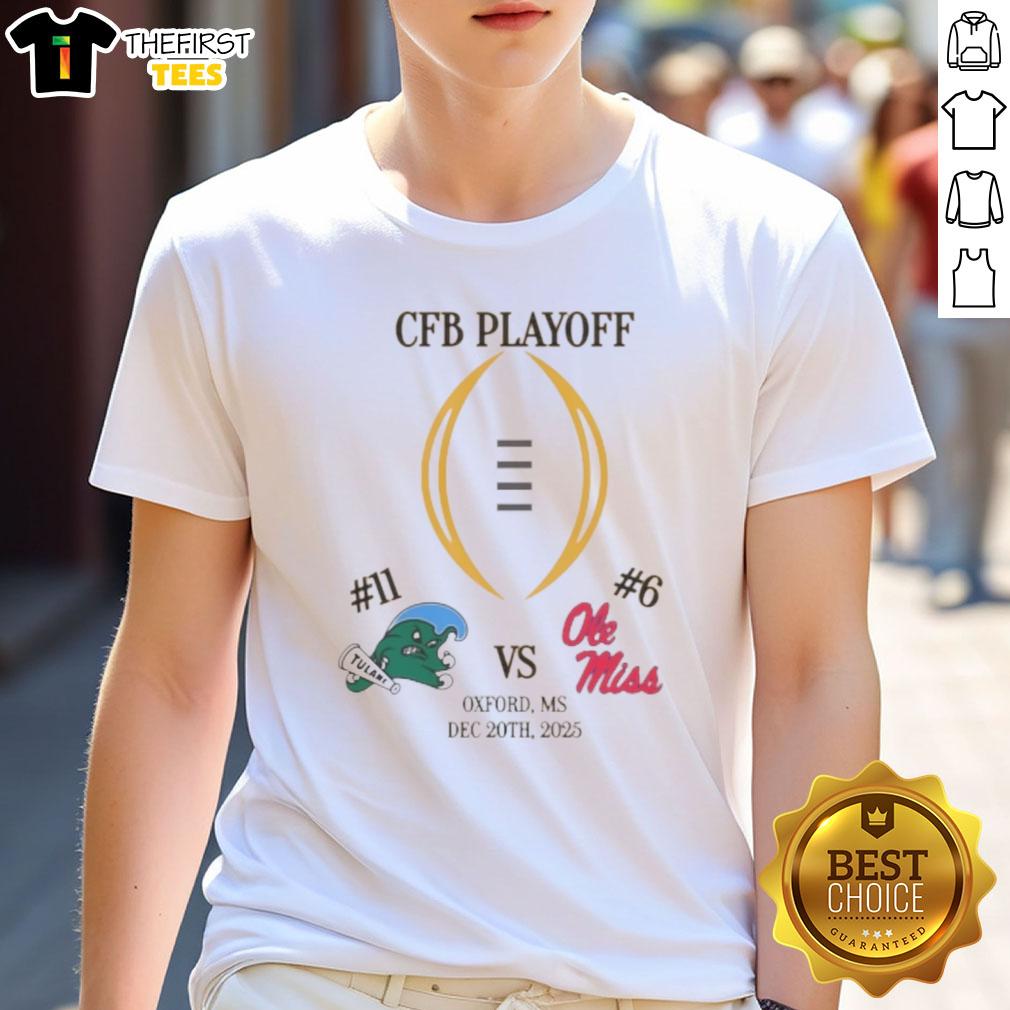 Official Tulane Green Wave vs Ole Miss Rebels 2025 College Football Playoff Matchup T-Shirt featuring team logos.