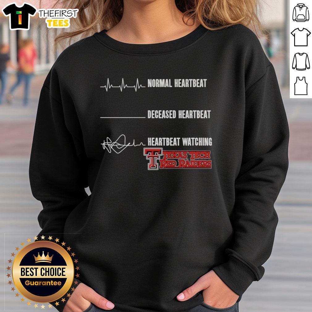 Texas Tech Red Raiders sweatshirt featuring original heartbeat design, normal heartbeat, and deceased heartbeat graphics.