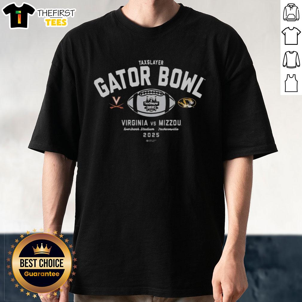 Alt Text: Premium 2025 TaxSlayer Gator Bowl T-Shirt featuring Virginia Cavaliers vs Missouri Tigers graphic design.