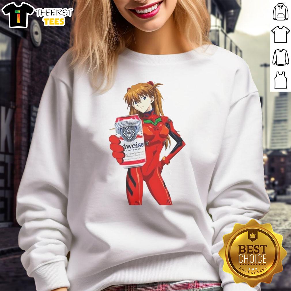 Alt Text: Premium Asuka X Bud Neon Genesis Evangelion anime sweatshirt featuring vibrant colors and iconic character design.