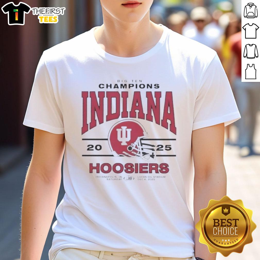 Premium Big Ten Champs Indiana Hoosiers T-Shirt featuring Lucas Oil Stadium design, December 2025 edition.