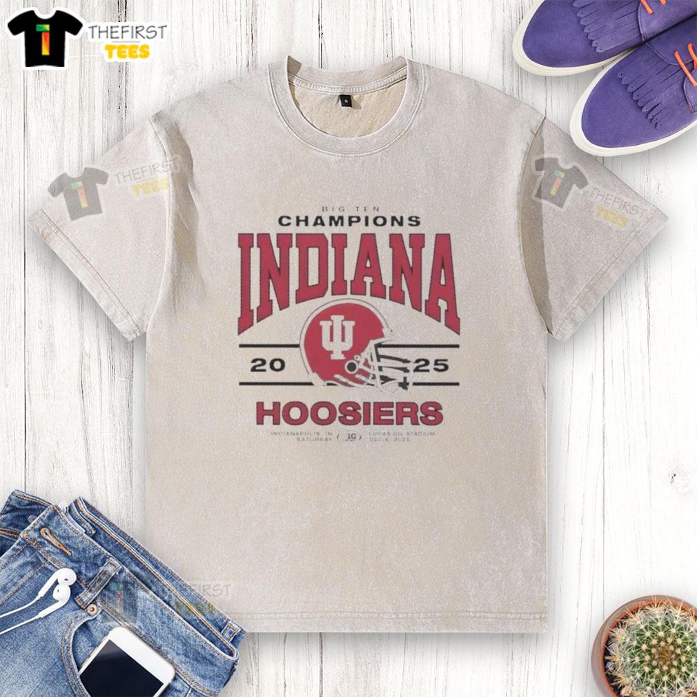Premium Big Ten Champs Indiana Hoosiers washed t-shirt displayed at Lucas Oil Stadium, December 2025.