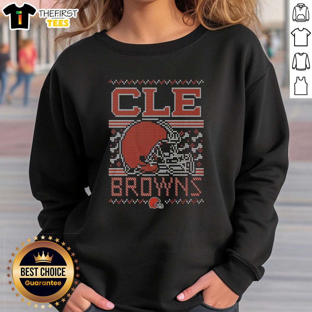 Alt Text: Premium Cleveland Browns Holiday Sweatshirt featuring team logo and festive design, perfect for winter sports fans.