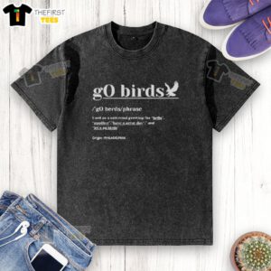 Premium Philadelphia Eagles football washed t-shirt featuring 'Go Birds' phrase in vibrant design.