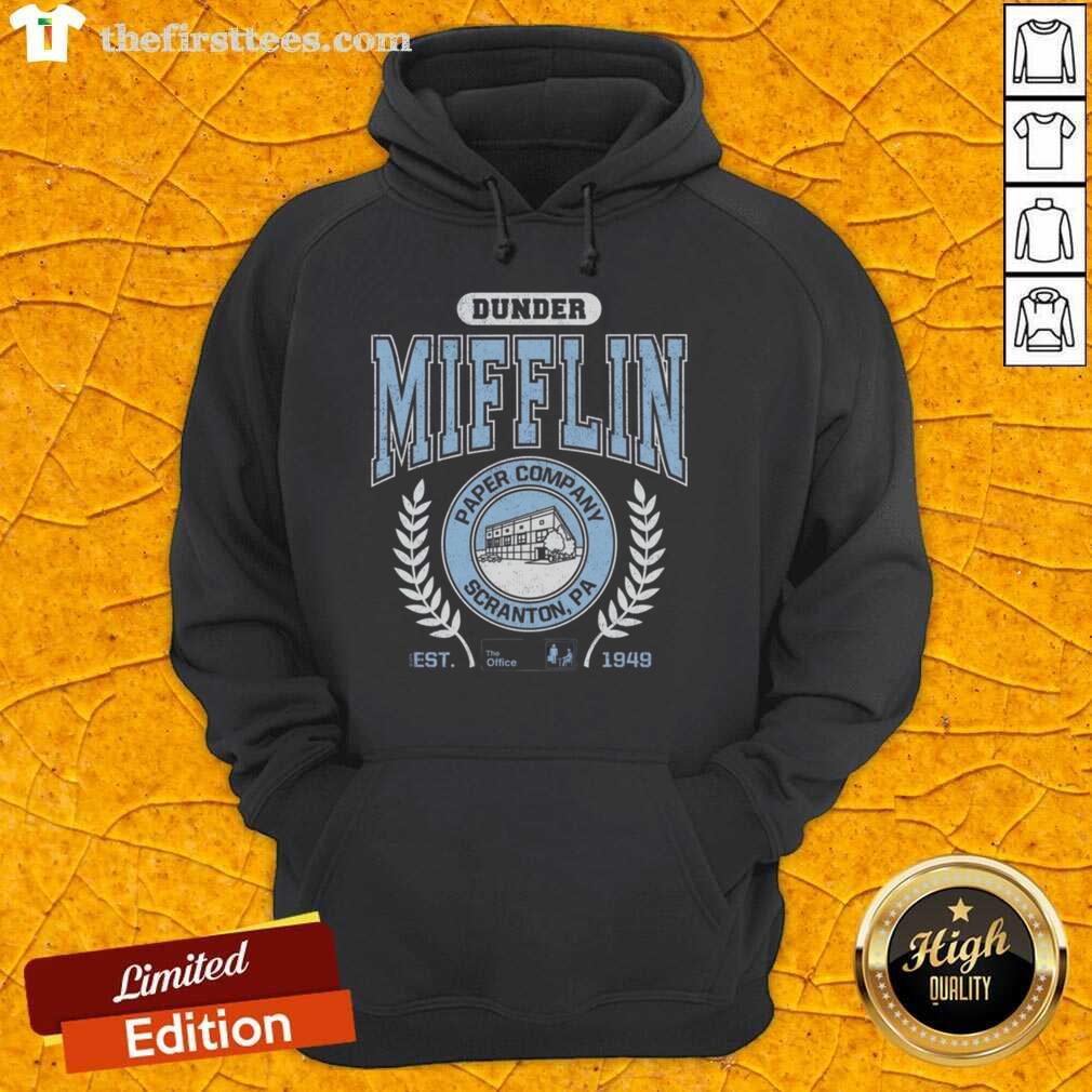 Alt Text: Premium Dunder Mifflin Paper Company hoodie from Scranton, PA, established 1949, inspired by The Office series.