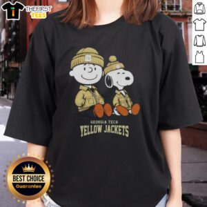 Alt Text: Premium Georgia Tech Yellow Jackets X Snoopy and Charlie Brown ladies tee featuring vibrant graphics and soft fabric.