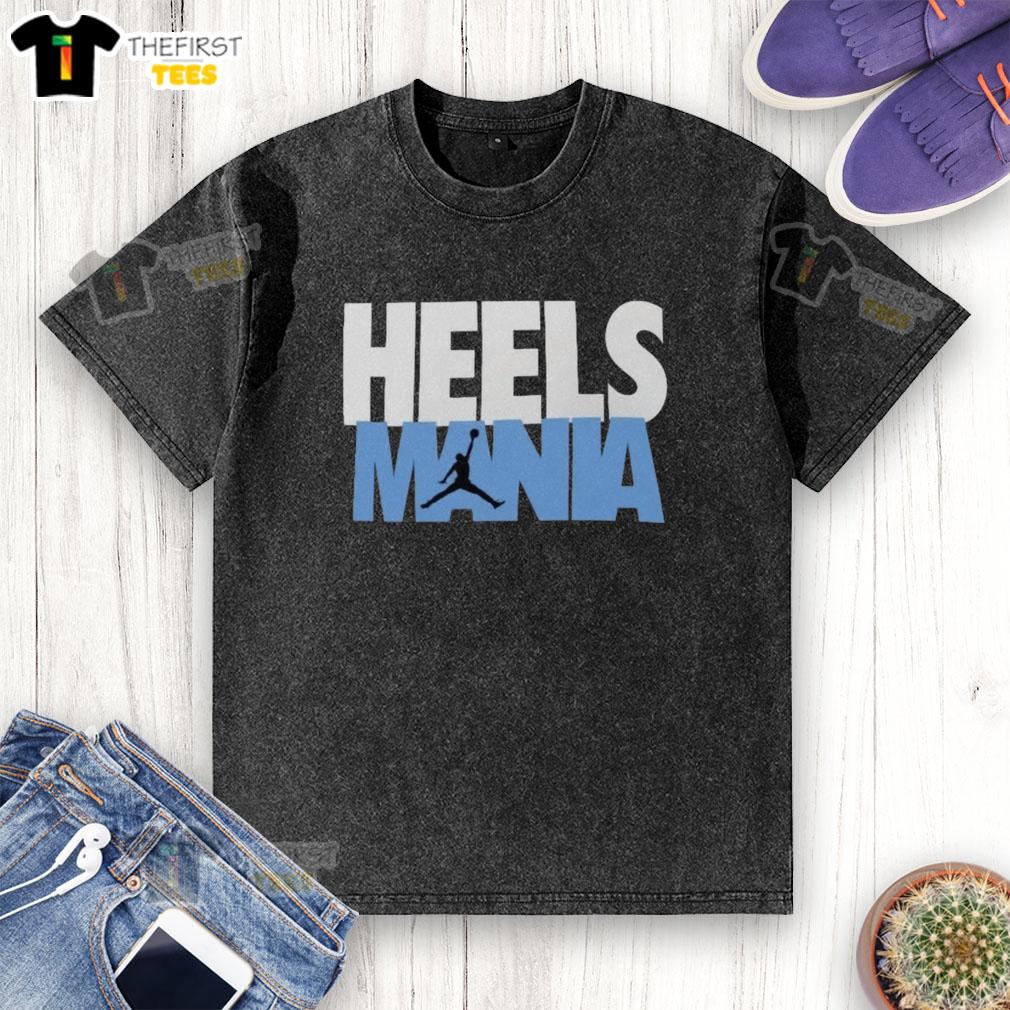 Alt Text: Premium Heels Mania North Carolina Tar Heels logo on a stylish washed t-shirt, perfect for sports fans and casual wear.