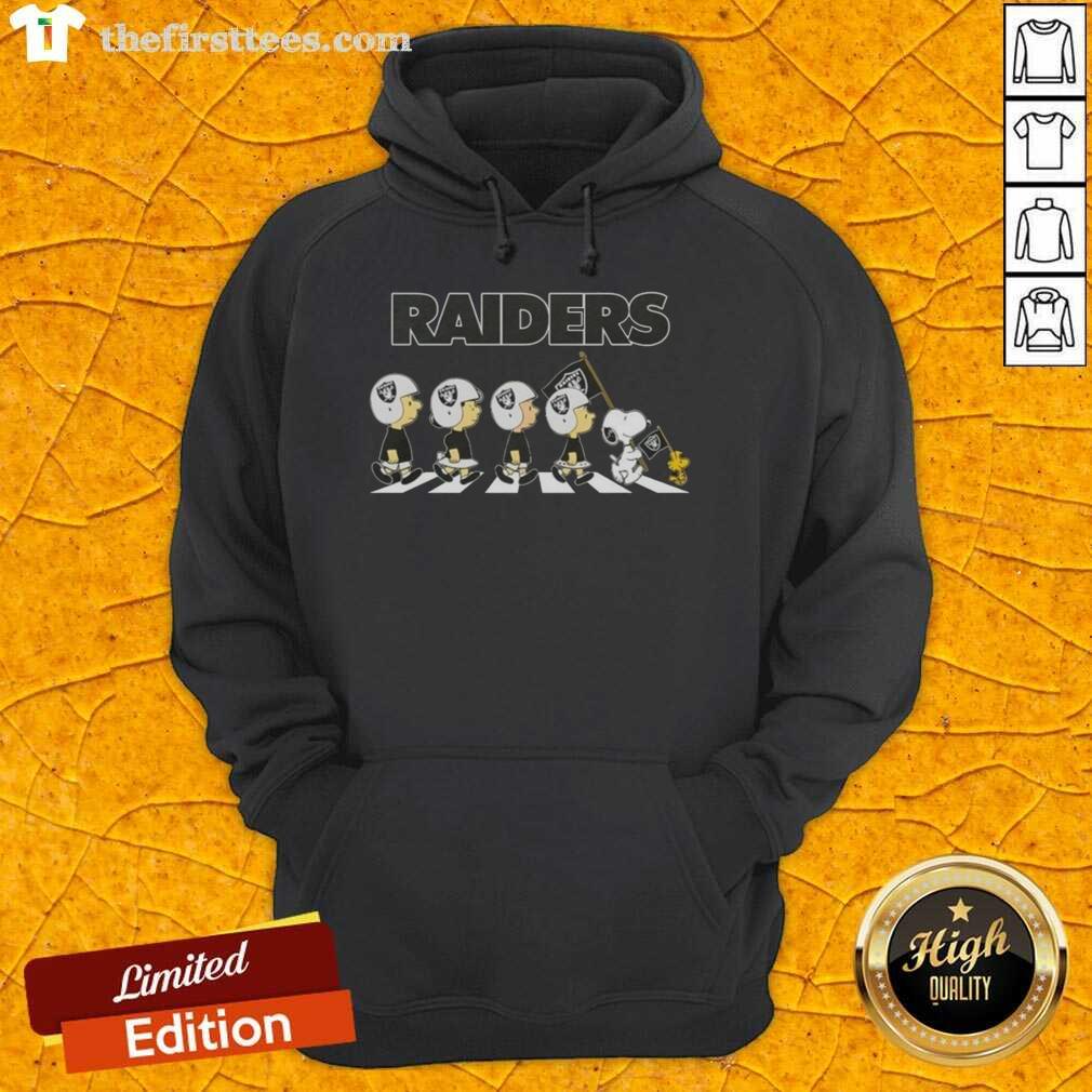 Alt Text: Premium Las Vegas Raiders X Peanuts Snoopy and Friends Abbey Road Hoodie featuring colorful graphics and a stylish design.