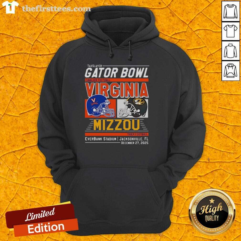 Alt Text: Premium Missouri Tigers vs Virginia Cavaliers 2025 TaxSlayer Gator Bowl hoodie featuring team logos and vibrant design.