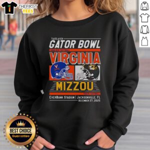 Alt Text: Premium Missouri Tigers vs Virginia Cavaliers 2025 TaxSlayer Gator Bowl head-to-head sweatshirt design.