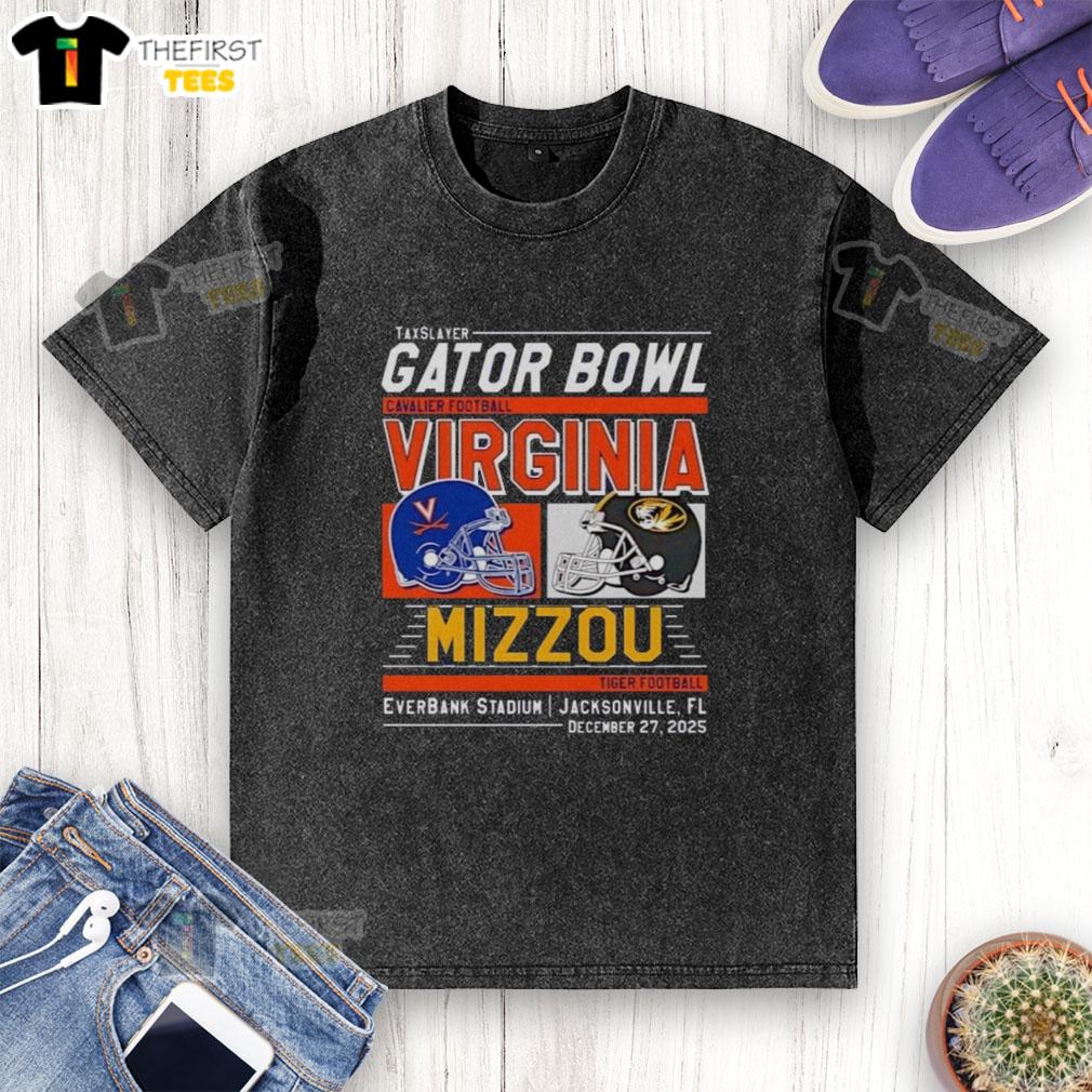 Premium Missouri Tigers vs Virginia Cavaliers 2025 TaxSlayer Gator Bowl head-to-head washed T-shirt design.