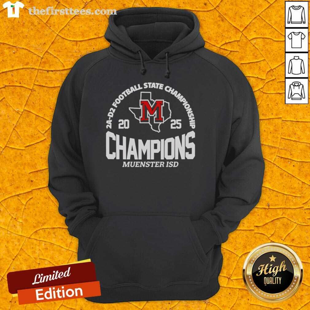 Premium Muenster ISD 2A D2 Football State Champions Hoodie featuring team colors and championship logo design.