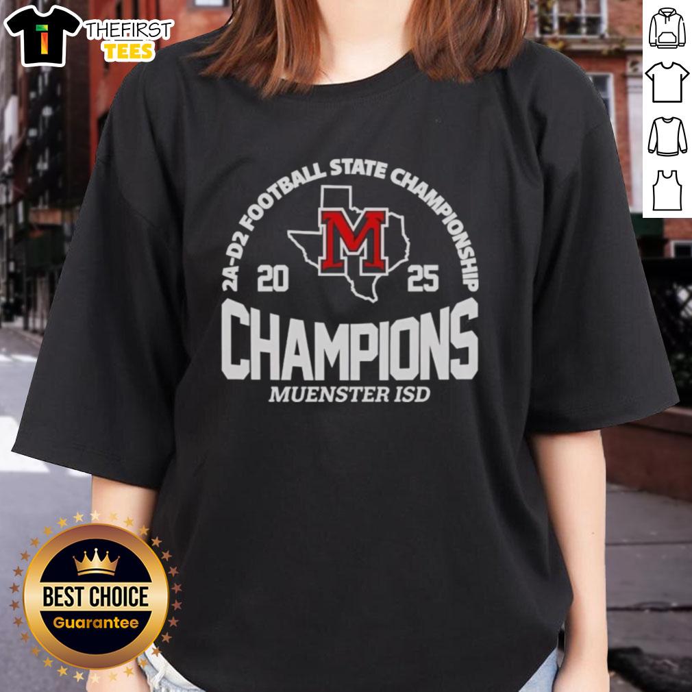 Premium Muenster ISD 2A D2 Football State Champions Ladies Tee featuring team colors and championship logo.