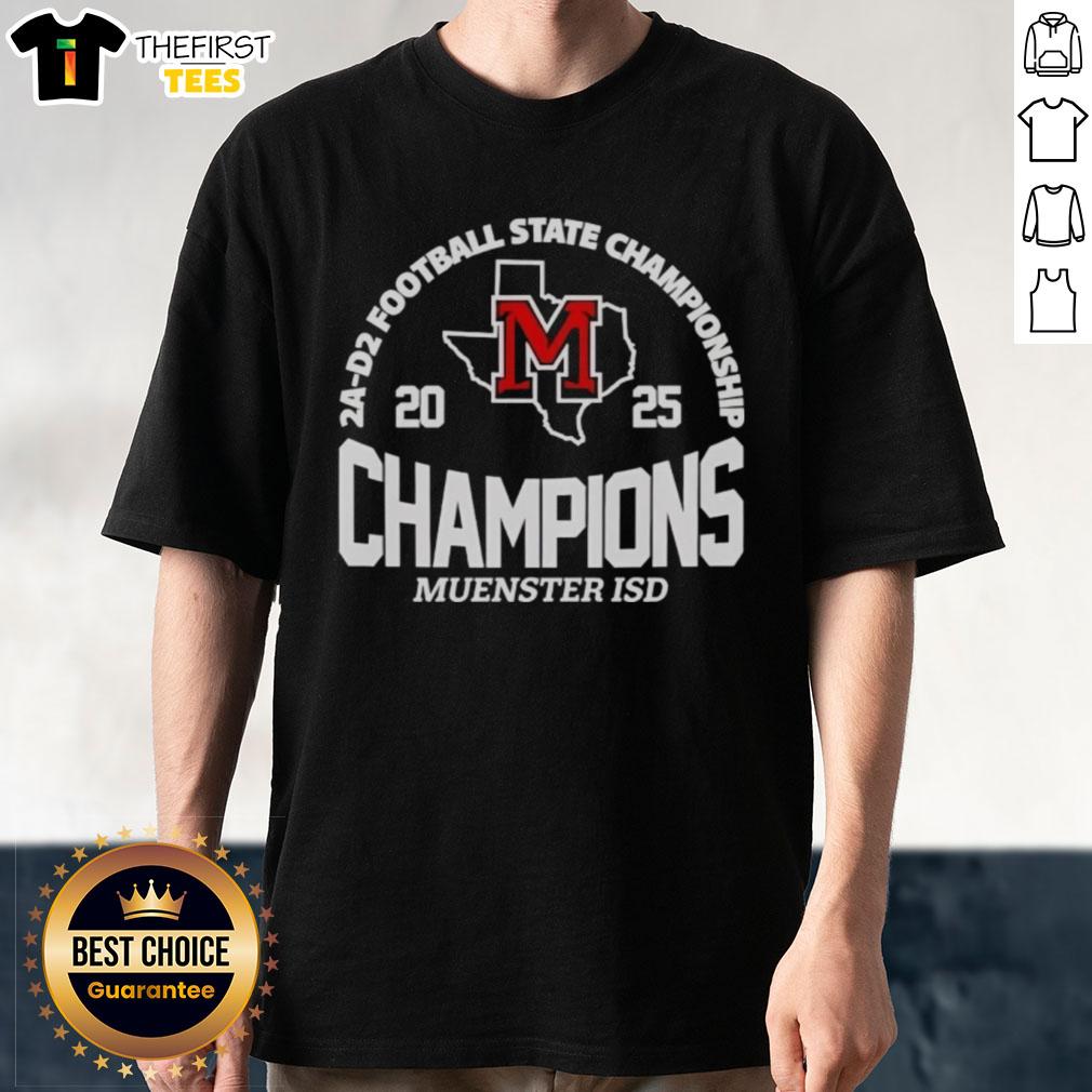 Alt Text: Premium Muenster ISD 2A D2 Football State Champions T-Shirt showcasing team pride and victory in stylish design.