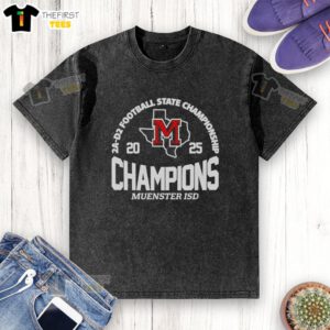 Premium Mnster ISD 2A D2 Football State Champions washed t-shirt featuring team logo and vibrant colors.