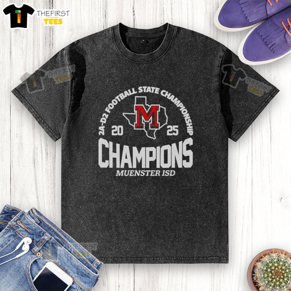 Premium Mnster ISD 2A D2 Football State Champions washed t-shirt featuring team logo and vibrant colors.