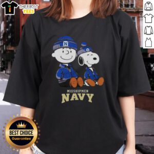 Premium Navy Midshipmen X Snoopy and Charlie Brown Ladies Tee featuring fun graphics and a stylish fit for fans.