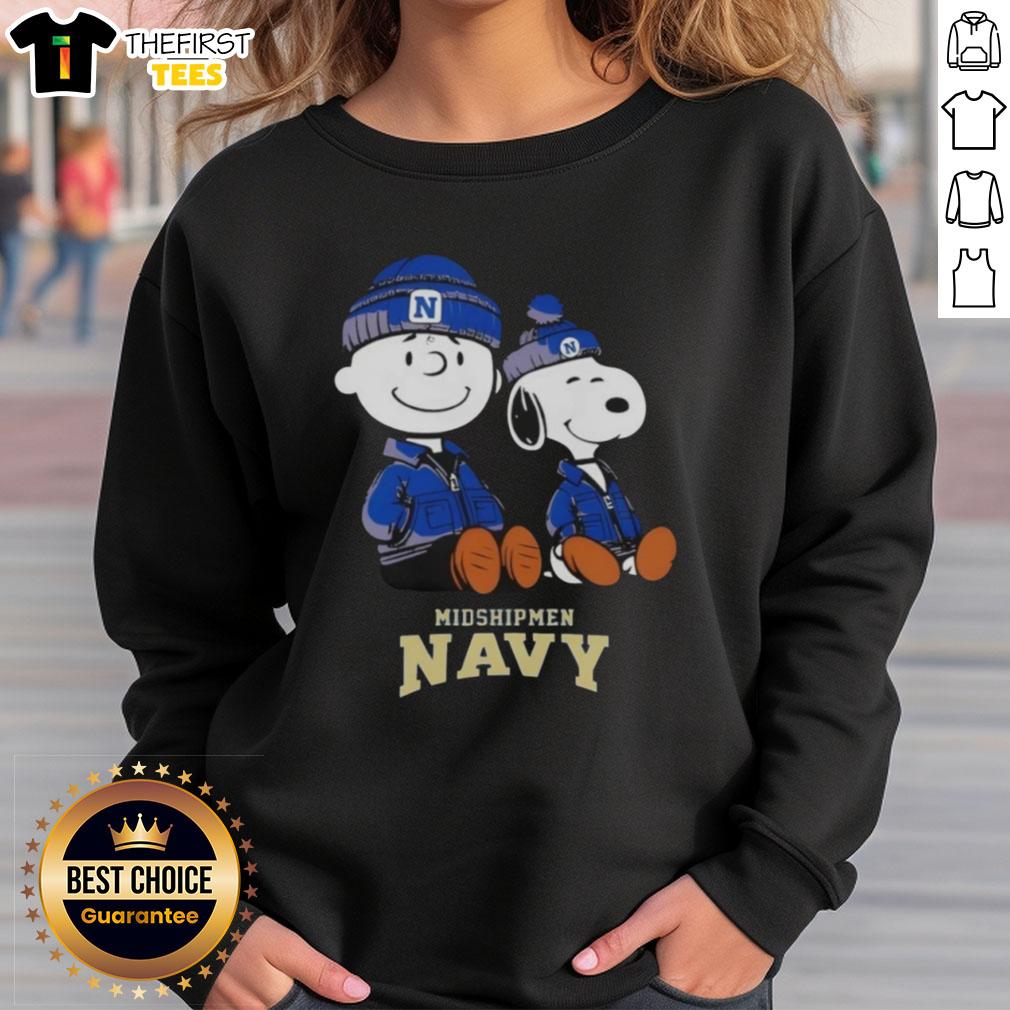 Alt Text: Premium Navy Midshipmen X Snoopy and Charlie Brown Sweatshirt featuring vibrant graphics and cozy design for fans.