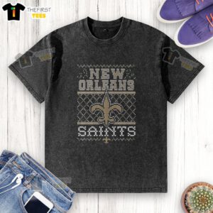 Premium New Orleans Saints holiday washed t-shirt in black, featuring team logo and festive design for football fans.