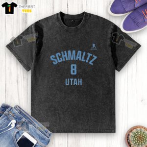 Alt Text: Premium Nick Schmaltz Utah Mammoth Ice Hockey Name and Number 8 washed t-shirt in navy blue, perfect for fans.