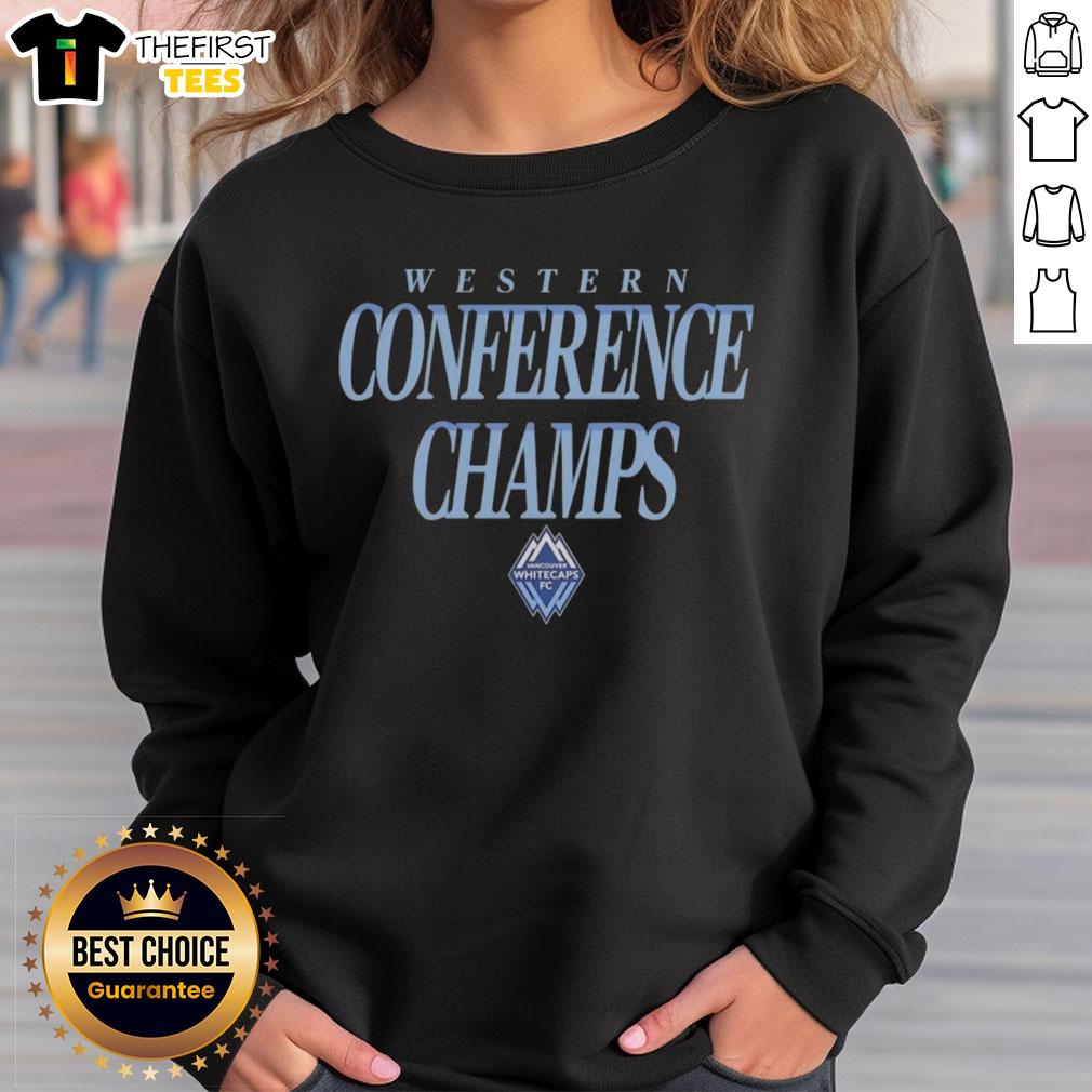 Alt Text: Premium Vancouver Whitecaps FC 2025 MLS Western Conference Champions sweatshirt in blue, showcasing team pride.