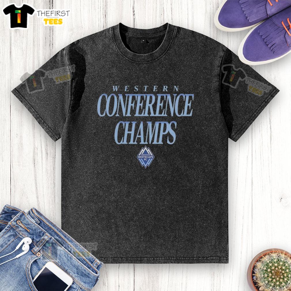 Alt Text: Premium Vancouver Whitecaps FC 2025 MLS Western Conference Champions washed t-shirt in blue with team logo.
