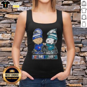 Pretty Charlie Brown fist bump with Snoopy, featuring Philadelphia skyline and 76ers x Eagles on a trendy tank top.
