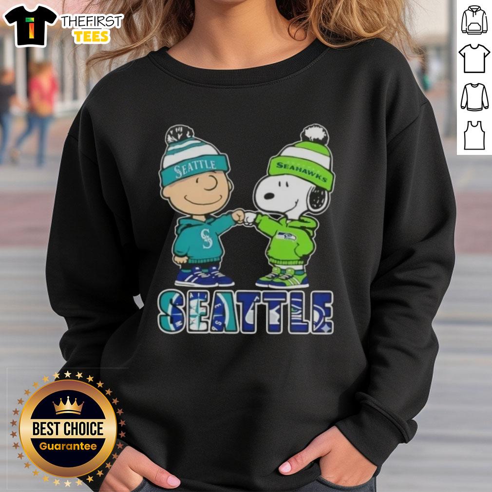 Pretty Charlie Brown Fist Bump sweatshirt featuring Snoopy, Seattle sports teams Mariners and Seahawks design.