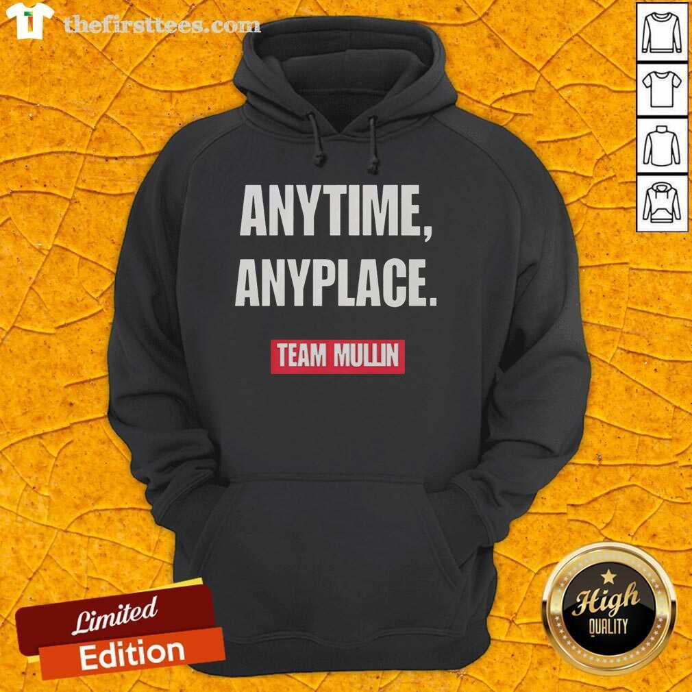 Markwayne Mullin Anytime Anyplace Team Mullin hoodie displayed on a model, showcasing stylish design and logo.