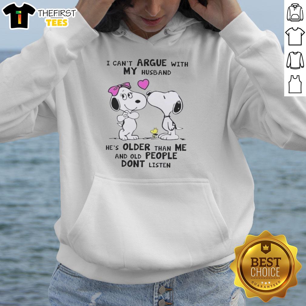 Pretty Peanuts Snoopy hoodie featuring quote about age and communication, perfect for fans of Peanuts and cozy wear.