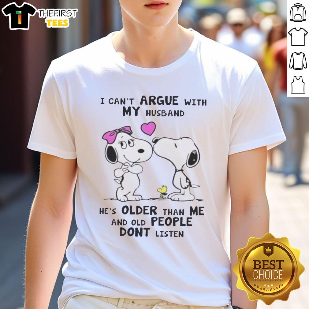 Alt Text: Pretty Peanuts Snoopy t-shirt with the quote about husbands and age, perfect for fans of Snoopy and humorous apparel.