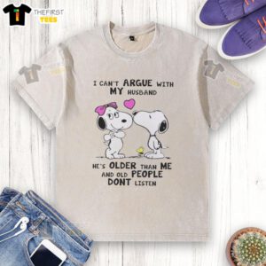 Alt Text: Pretty Peanuts Snoopy t-shirt featuring humorous quote about husbands and age, perfect for casual wear.
