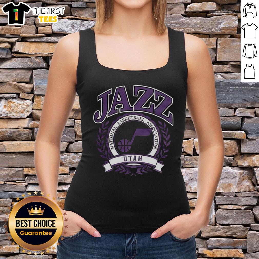 Retro Utah Jazz NBA logo tank top featuring a laurel wreath frame, perfect for basketball fans and stylish summer wear.