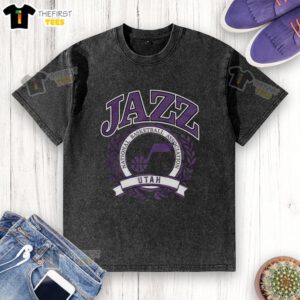 Retro washed t-shirt featuring the Utah Jazz NBA logo framed by a laurel wreath, perfect for basketball fans.