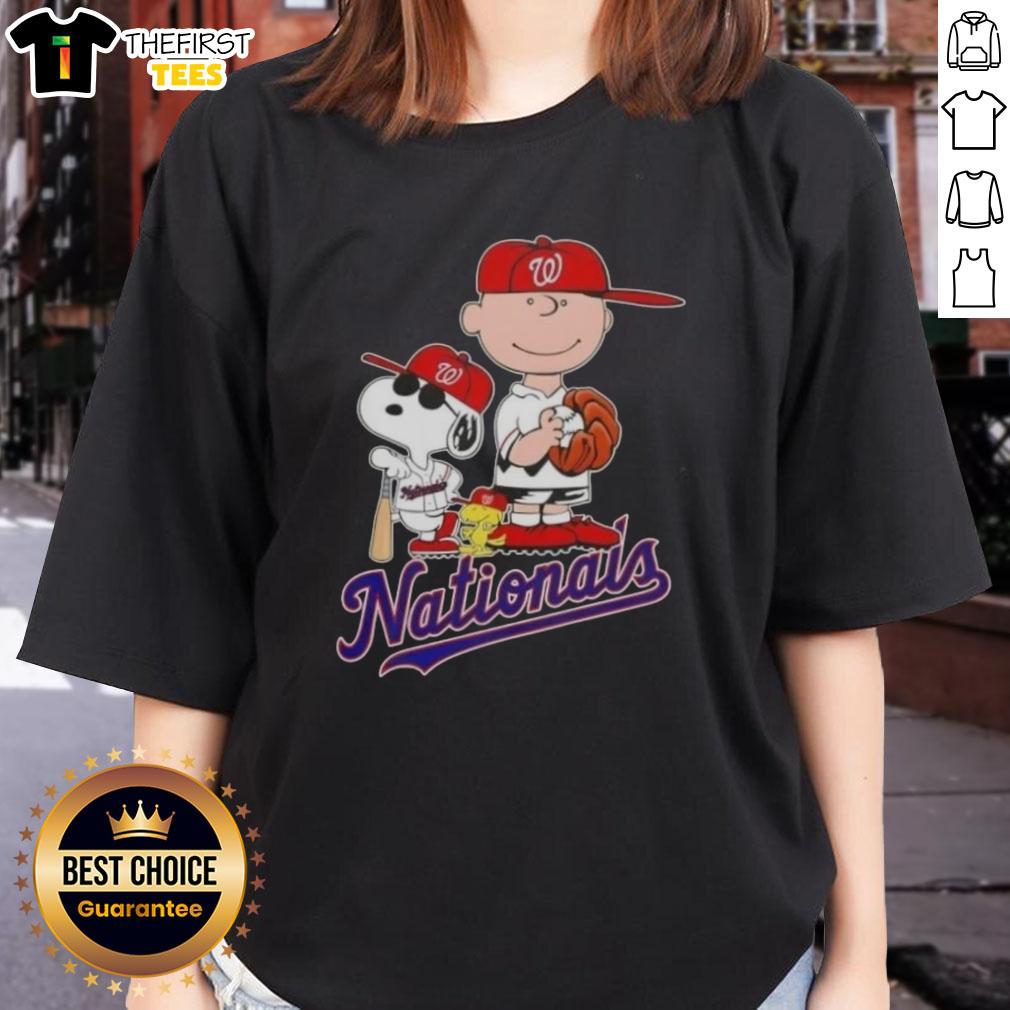 Alt Text: Pretty Washington Nationals X Peanuts Snoopy and Charlie Brown ladies tee featuring vibrant graphics and team colors.