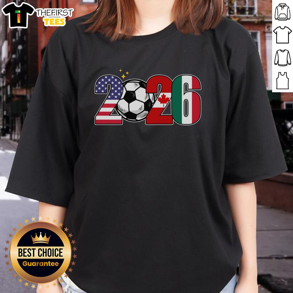 Alt Text: Top 2026 Northern American Soccer Tournament Ladies Tee featuring vibrant design and comfortable fit for fans.