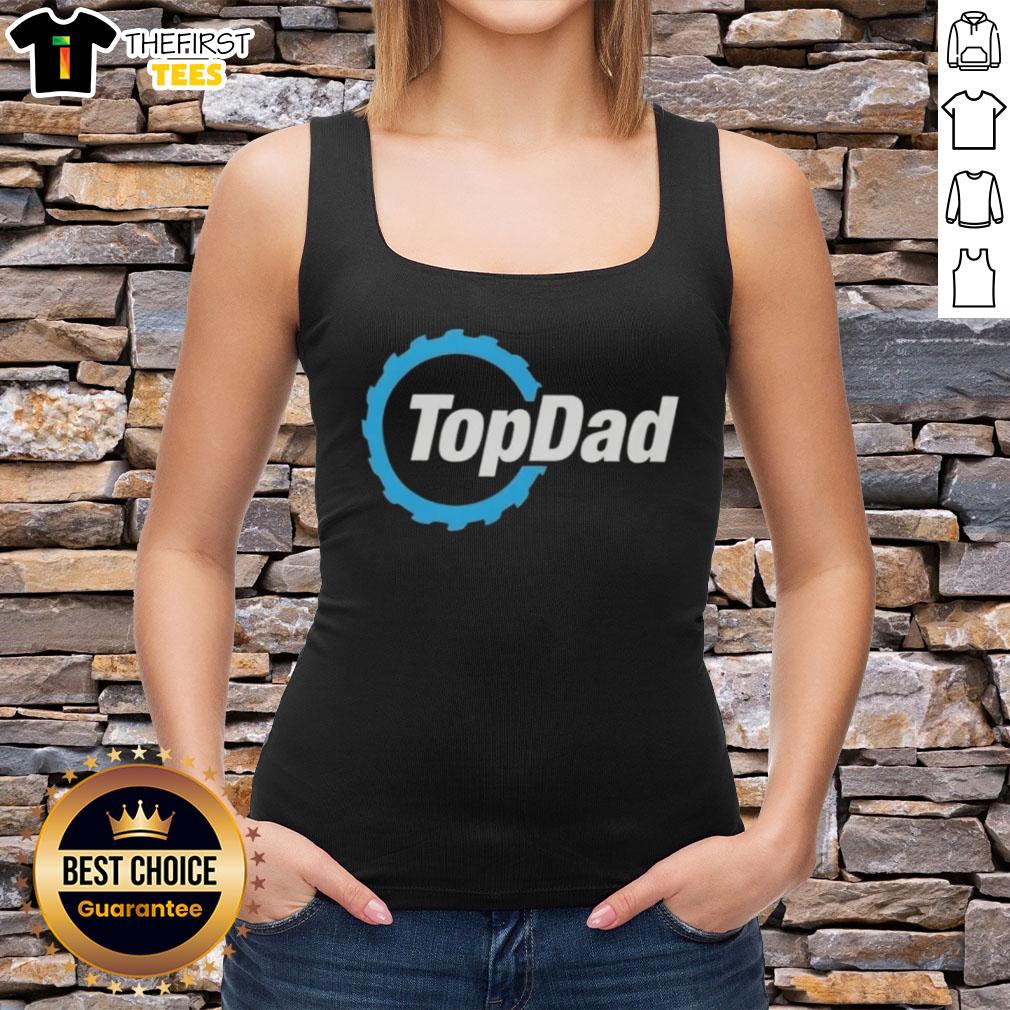 Top Dad woodworking saw blade graphic on a stylish dad tank top, perfect for Father's Day gifts and woodworking enthusiasts.