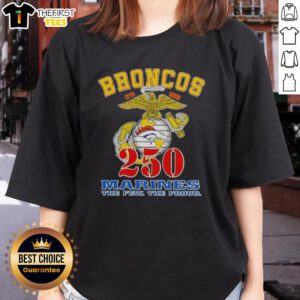 Top Denver Broncos X U.S.M.C 250th Birthday Celebration ladies tee showcasing vibrant team colors and festive design.