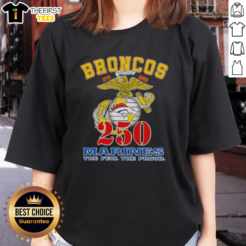 Top Denver Broncos X U.S.M.C 250th Birthday Celebration ladies tee showcasing vibrant team colors and festive design.