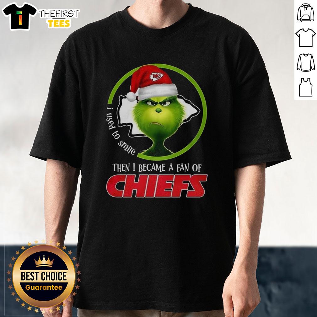 Alt Text: Top Grinch I Used To Smile Then I Became A Fan Of Chiefs T-Shirt design featuring Grinch and Chiefs logo.