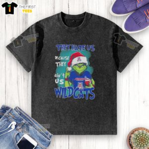 Arizona Wildcats Christmas washed t-shirt featuring 'Top Grinch They Hate Us Because They Ain't Us' design.