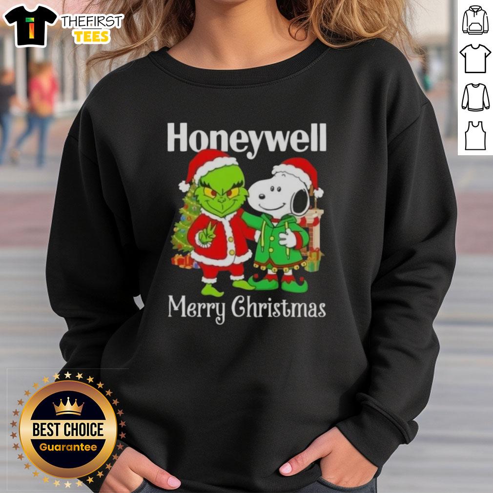 Top Honeywell X Grinch and Snoopy Merry Christmas sweatshirt featuring festive designs for holiday cheer.