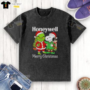 Top Honeywell X Grinch and Snoopy Merry Christmas washed t-shirt featuring festive designs for holiday cheer.
