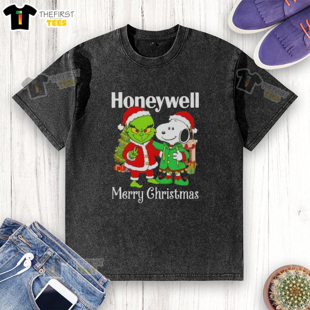 Top Honeywell X Grinch and Snoopy Merry Christmas washed t-shirt featuring festive designs for holiday cheer.