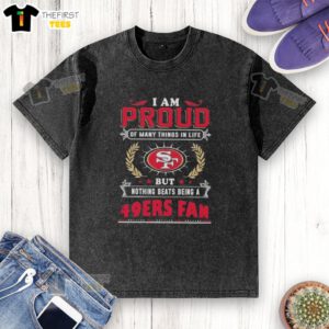 Alt Text: San Francisco 49ers fan washed t-shirt displaying pride in team loyalty and passion for football.