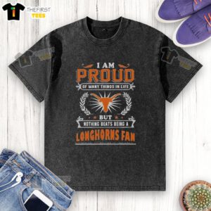 Alt Text: Texas Longhorns fan football lover wearing a washed t-shirt that celebrates pride in team spirit and sports loyalty.