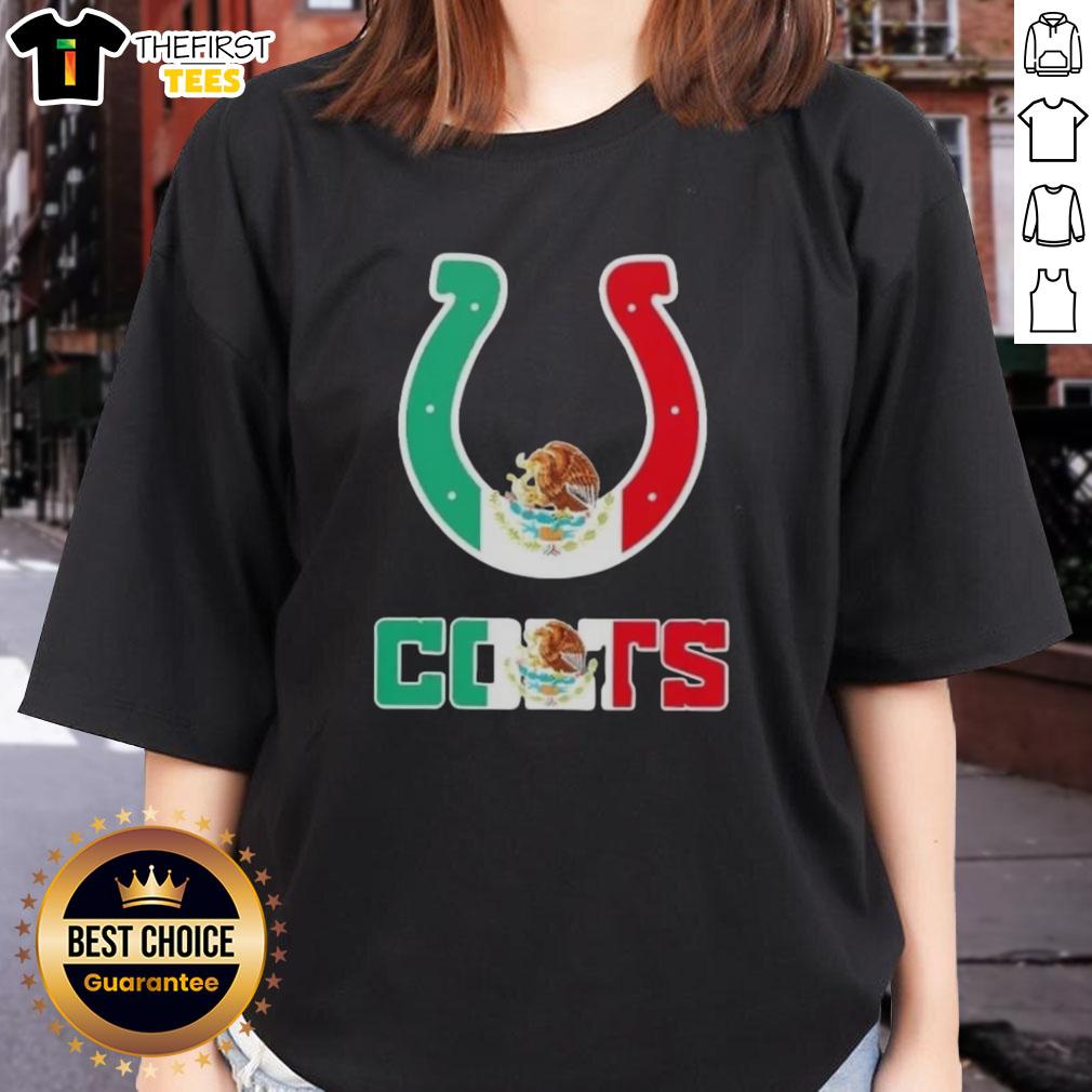 Stylish ladies' tee featuring the Indianapolis Colts football logo with a vibrant Mexican flag design.