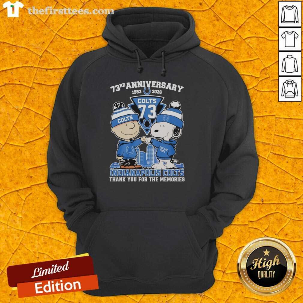 Stylish Indianapolis Colts hoodie featuring Snoopy and Charlie Brown for the 73rd Anniversary 1953-2026.