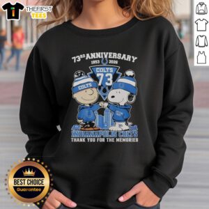Alt Text: Cozy Indianapolis Colts sweatshirt featuring Snoopy and Charlie Brown for the 73rd Anniversary (1953-2026).