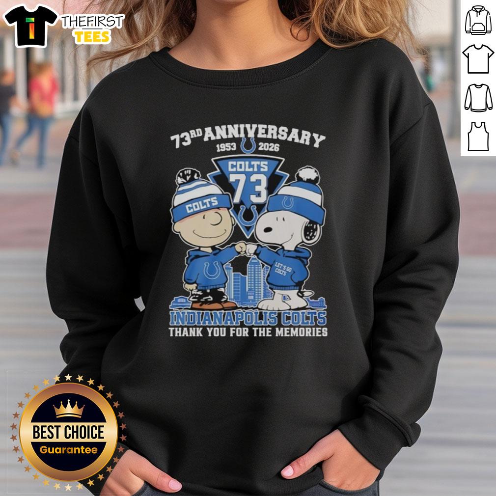 Alt Text: Cozy Indianapolis Colts sweatshirt featuring Snoopy and Charlie Brown for the 73rd Anniversary (1953-2026).